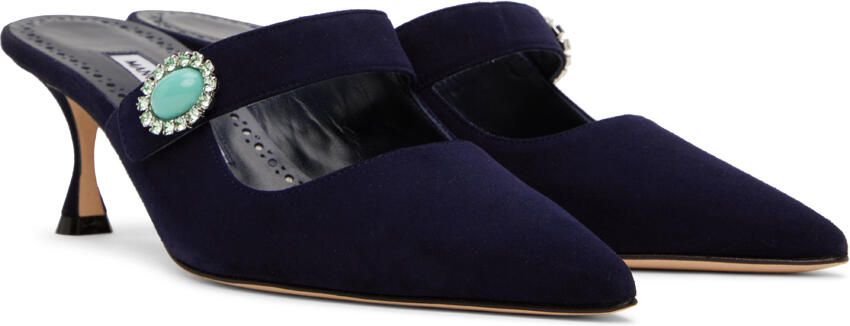 Manolo Blahnik Navy Porramu 50 Mules - Picture 2