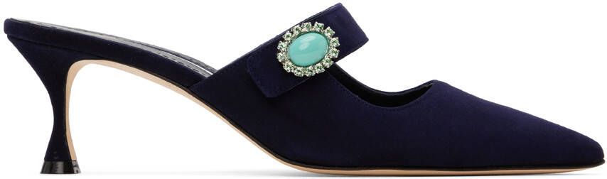Manolo Blahnik Navy Porramu 50 Mules - Picture 5