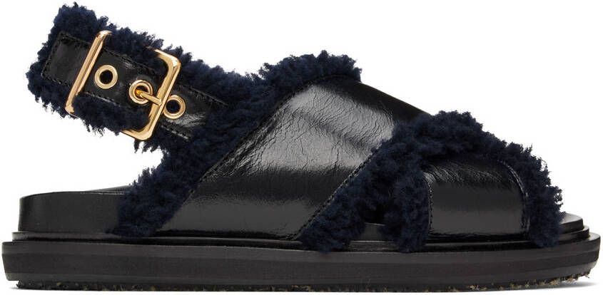 Marni Black & Navy Shearling Fussbett Sandals