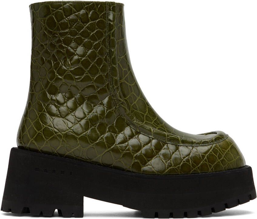 Marni Green Croc-Embossed Platform Ankle Boots - Picture 5