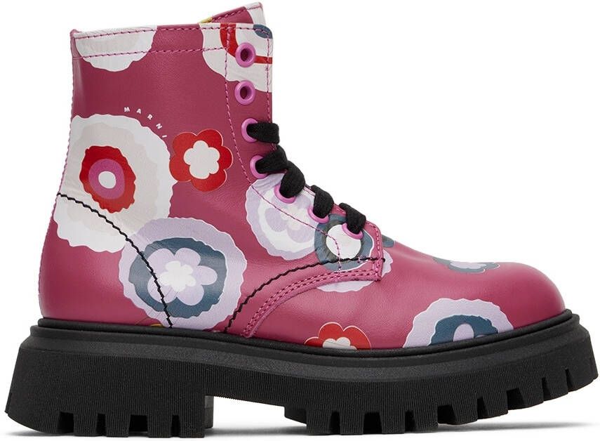 Marni Kids Pink Floral Lace-Up Boots