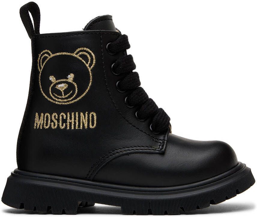 Moschino Baby Black Teddy Embroidery Combat Boots - Picture 4