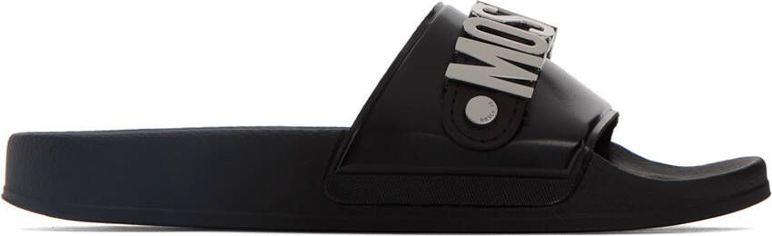 Moschino Black & Silver Lettering Pool Slides - Picture 5