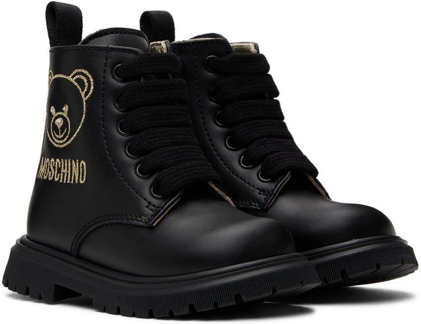Moschino Baby Black Teddy Embroidery Combat Boots - Picture 3