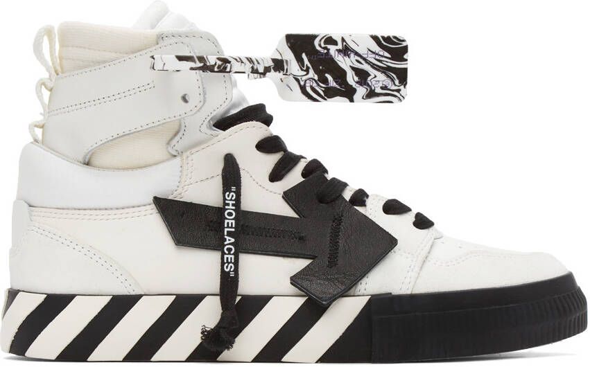 Off-White & Black High Top Vulcanized Leather Sneakers - Picture 5