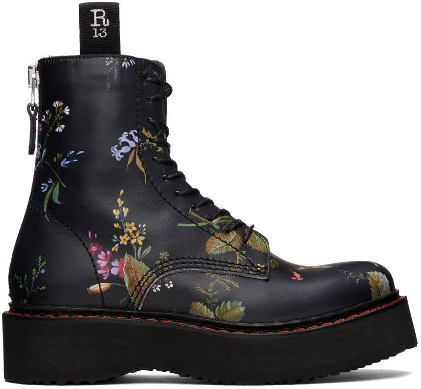 R13 Black Floral Single Stack Platform Lace-Up Boots