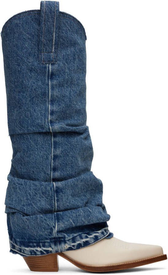 R13 Blue & Off-White Mid Cowboy Boots - Picture 9