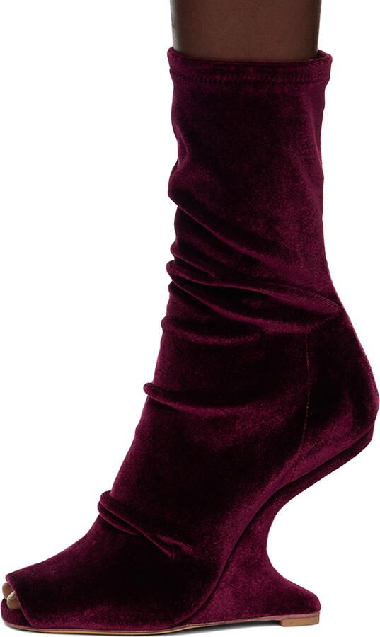 Rick Owens Lilies Burgundy Velvet Ankle Boots - Picture 3