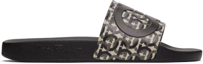 Salvatore Ferragamo Black & Beige Gancini Slides - Picture 6