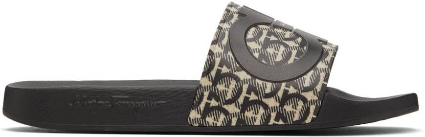 Salvatore Ferragamo Black & Beige Gancini Slides - Picture 3