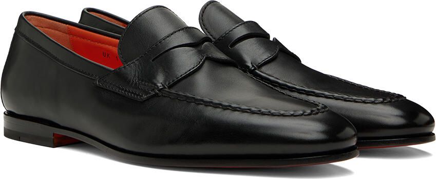 Santoni Black Leather Penny Loafers - Picture 2