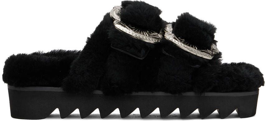 Toga Pulla Black Faux Fur Buckle Sandals - Picture 5