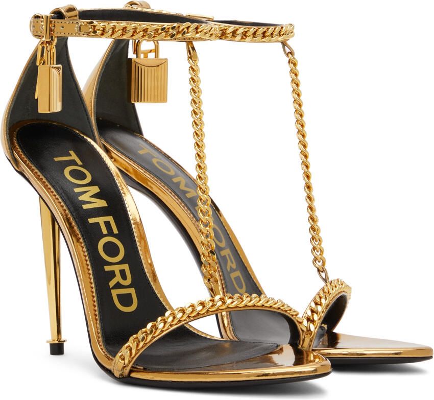 TOM FORD Gold Mirror Padlock Pointy Heeled Sandals - Picture 2