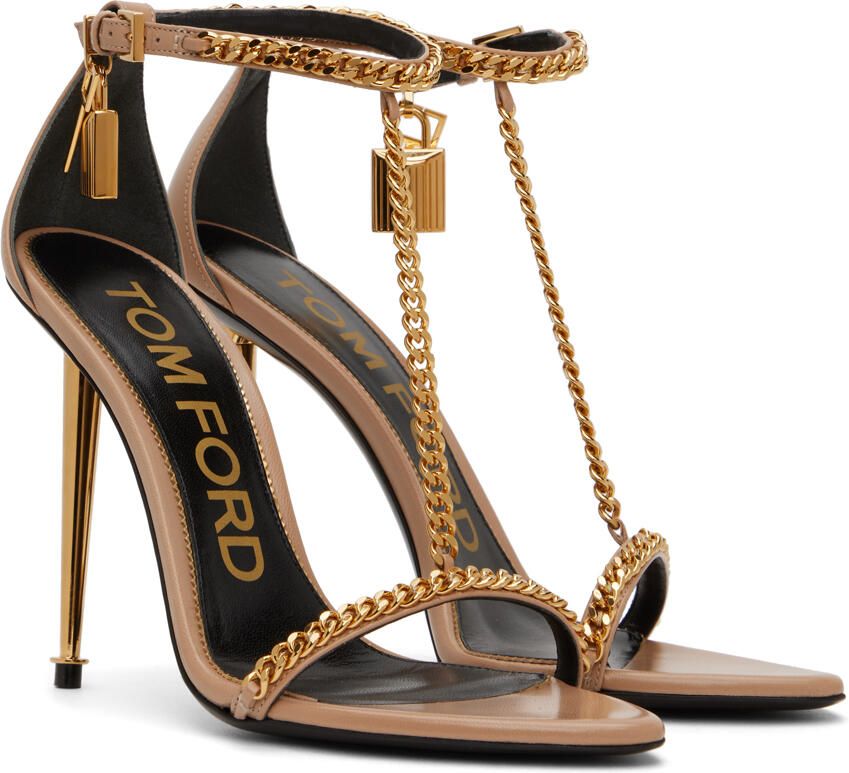 TOM FORD Tan Padlock Pointy Naked Heeled Sandals - Picture 2
