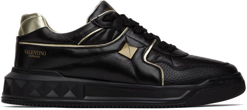 Valentino Garavani Black & Gold One Stud Low-Top Sneakers - Picture 5