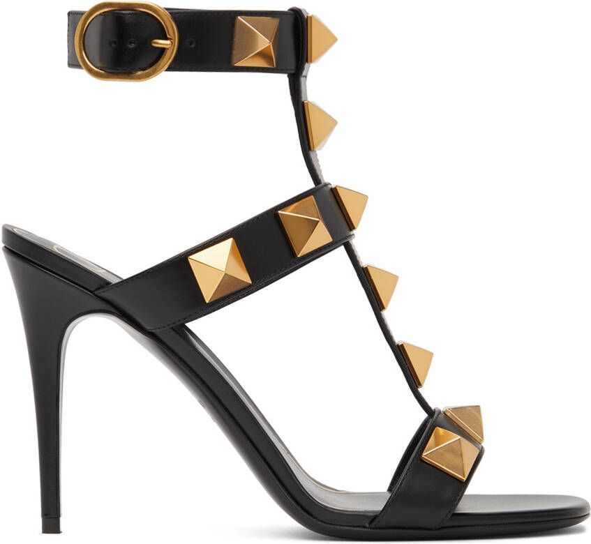 Valentino Garavani Black Calfskin Roman Stud 100 Heeled Sandals - Picture 5
