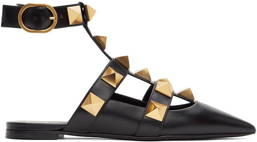 Valentino Garavani Black Leather Roman Stud Ballet Flats - Picture 5