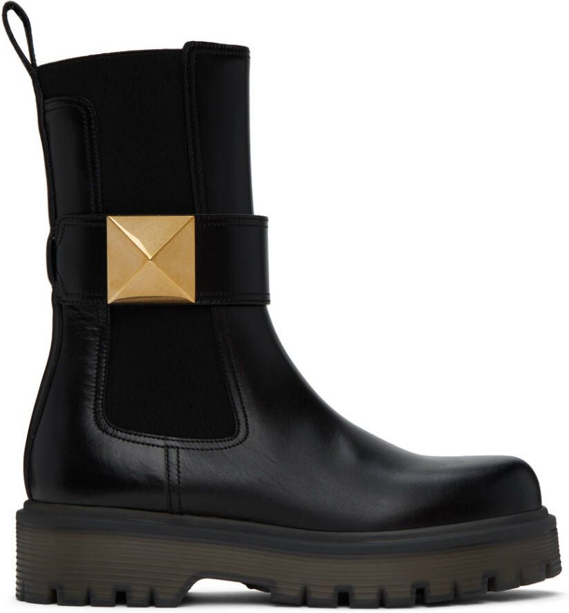 Valentino Garavani Black One Stud Beatle Ankle Boots - Picture 2