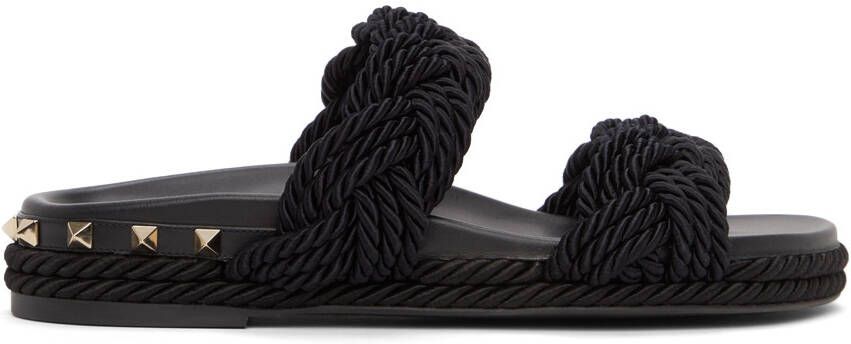Valentino Garavani Black Rope Rockstud Flat Sandals - Picture 5