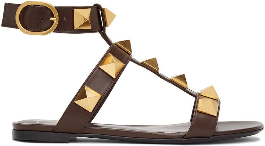 Valentino Garavani Brown Leather Roman Stud Flat Sandals - Picture 5
