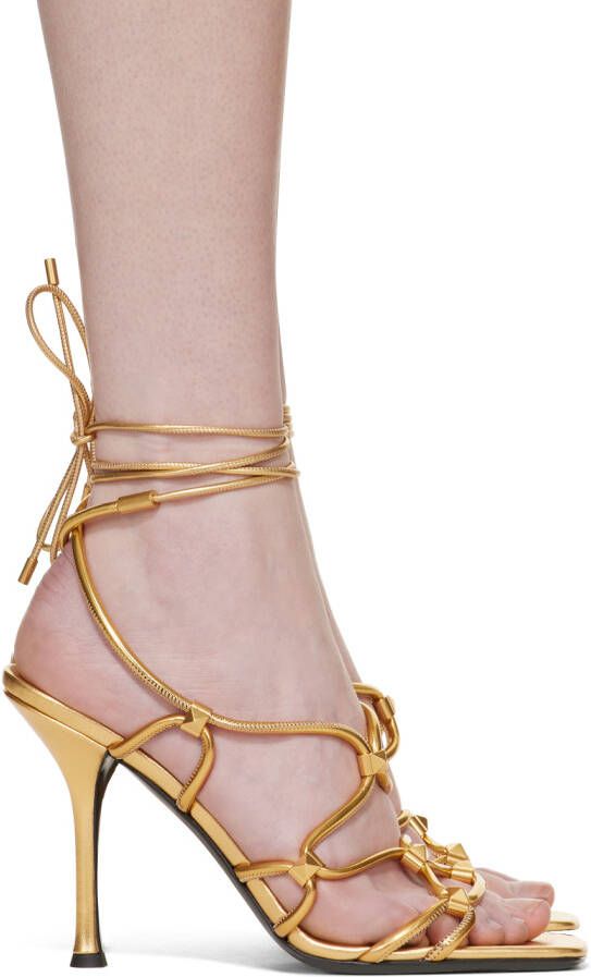 Valentino Garavani Gold Rockstud Net Heeled Sandals - Picture 5