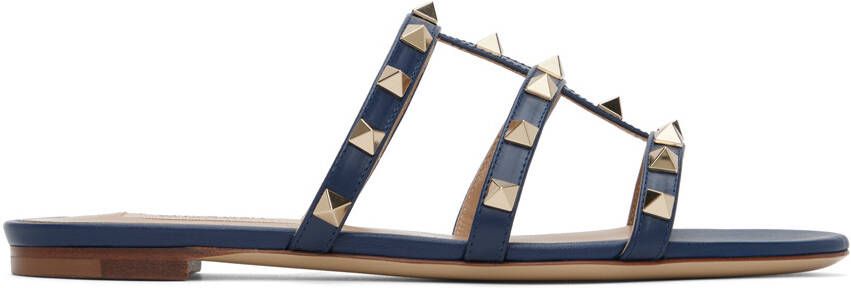Valentino Garavani Navy Rockstud Slide Sandals - Picture 4