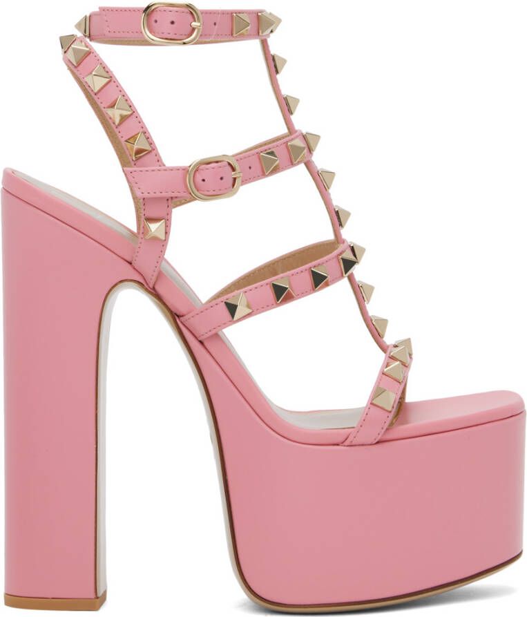 Valentino Garavani Pink Rockstud T-Strap Heeled Sandals - Picture 5
