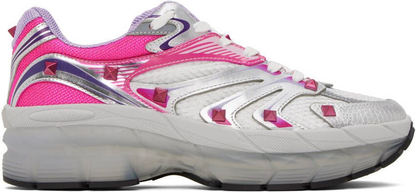 Valentino Garavani Silver & Pink Studded Sneakers
