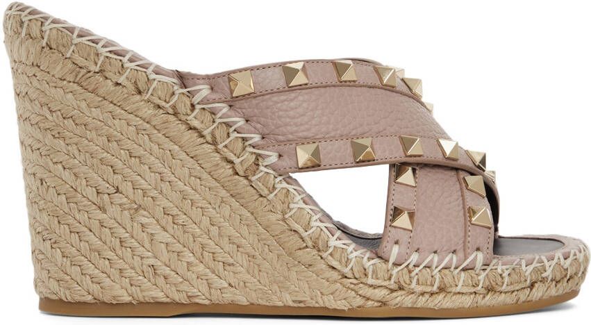Valentino Garavani Taupe Criss Cross Rockstud Wedge Sandals