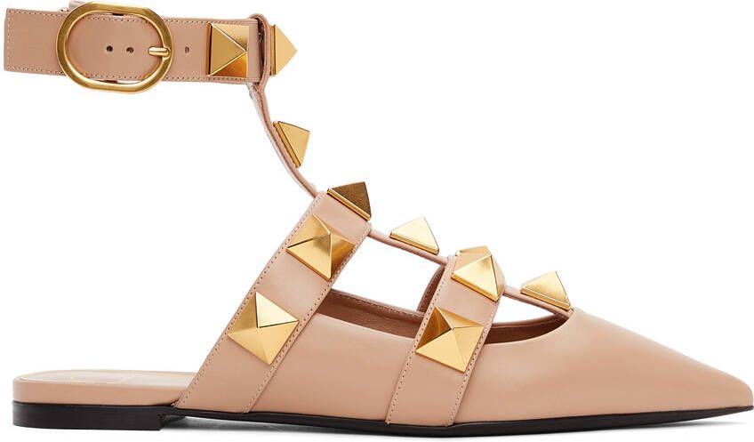Valentino Garavani Taupe Leather Roman Stud Ballet Flats - Picture 5