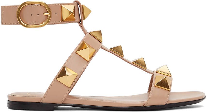 Valentino Garavani Taupe Leather Roman Stud Flat Sandals - Picture 5