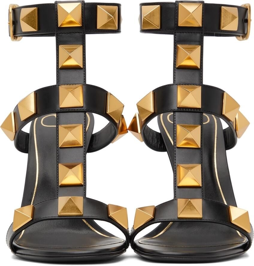 Valentino Garavani Black Calfskin Roman Stud 100 Heeled Sandals