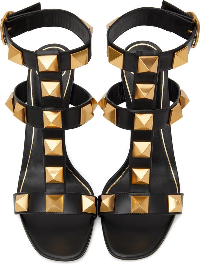 Valentino Garavani Black Calfskin Roman Stud 100 Heeled Sandals - Picture 4