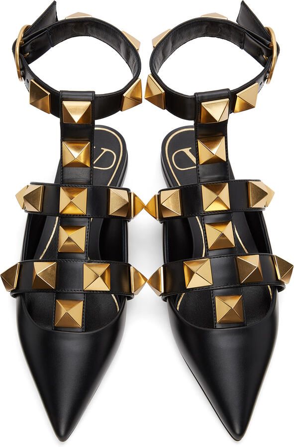 Valentino Garavani Black Leather Roman Stud Ballet Flats - Picture 3