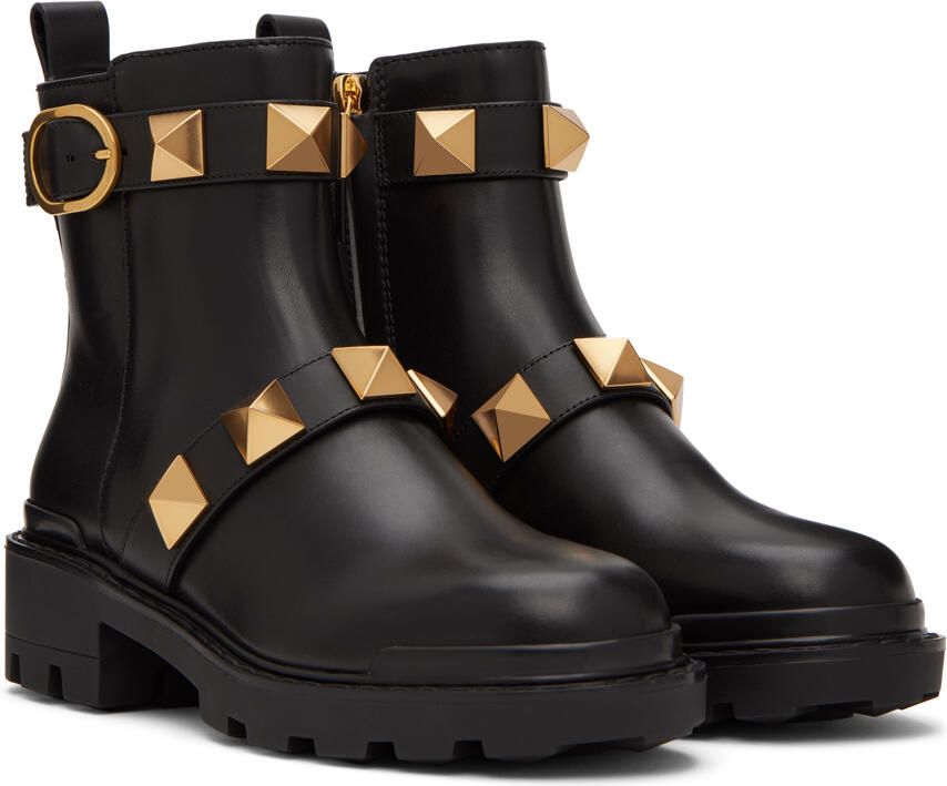 Valentino Garavani Black Roman Stud Ankle Boots - Picture 2
