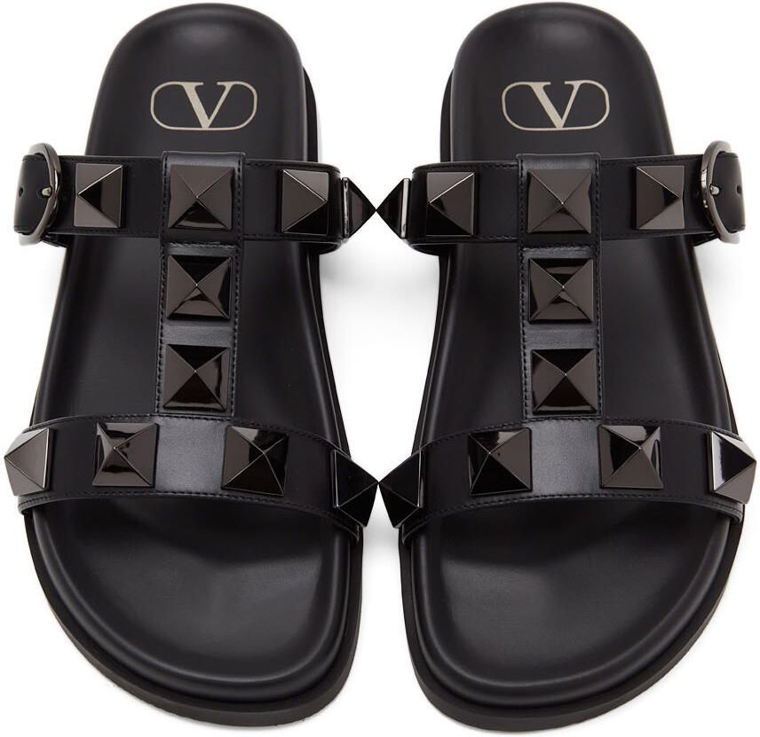 Valentino Garavani Black Roman Stud Flat Slide Sandals