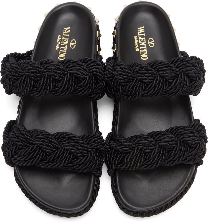 Valentino Garavani Black Rope Rockstud Flat Sandals