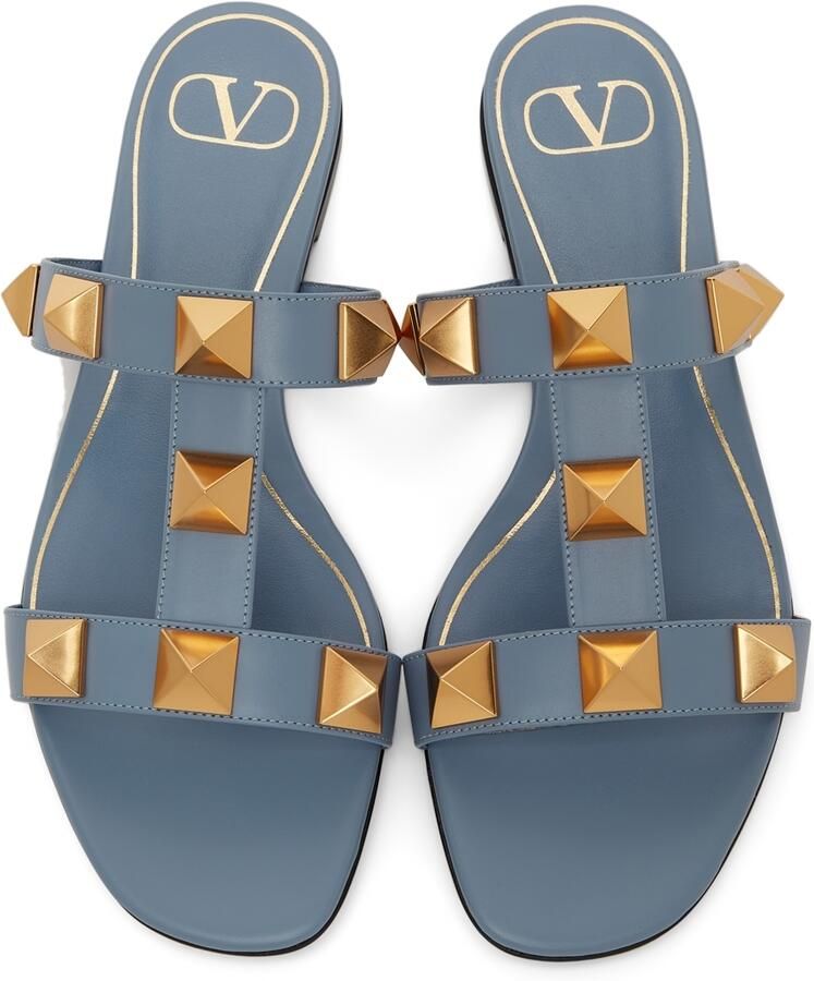Valentino Garavani Blue Roman Stud Flat Slide Sandals