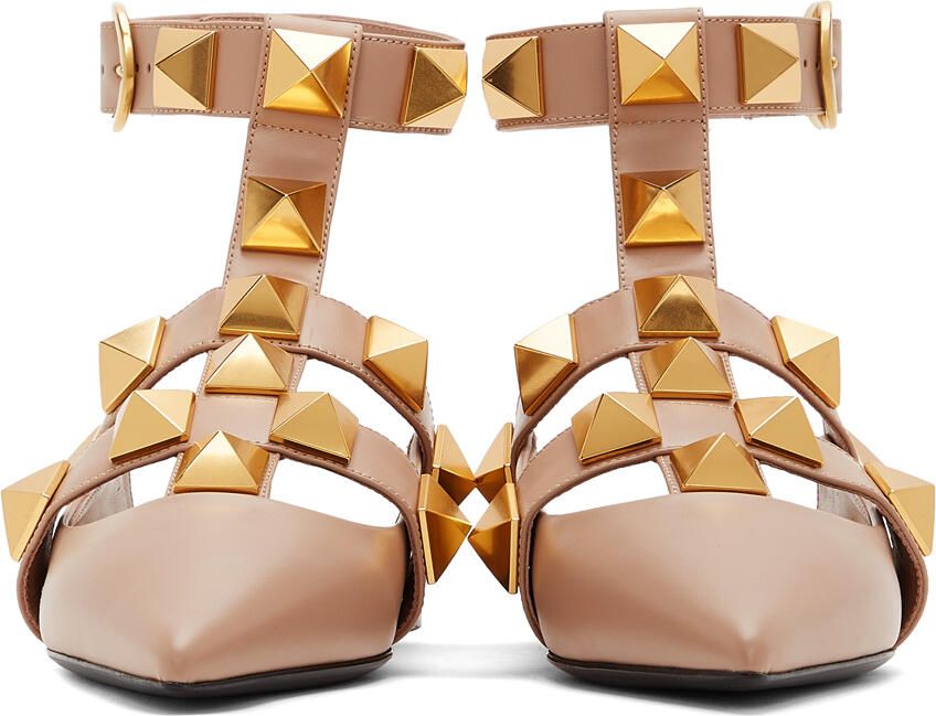 Valentino Garavani Taupe Leather Roman Stud Ballet Flats - Picture 2