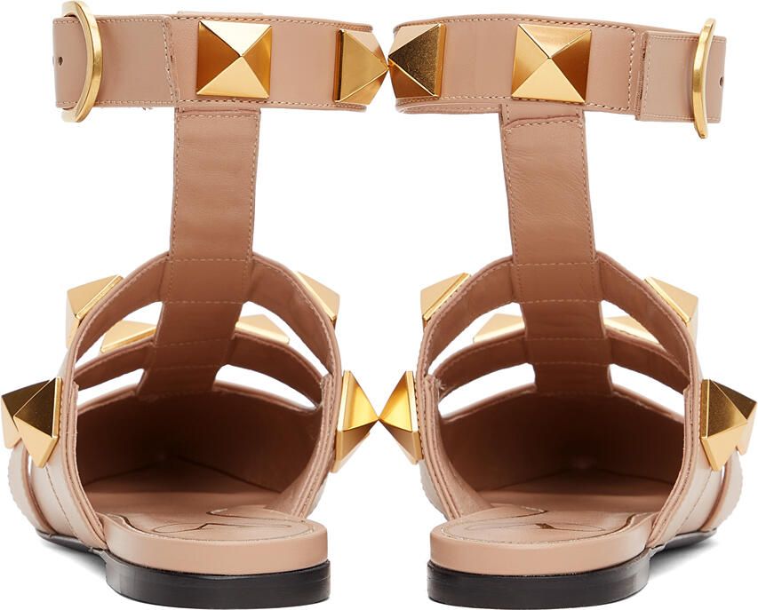 Valentino Garavani Taupe Leather Roman Stud Ballet Flats