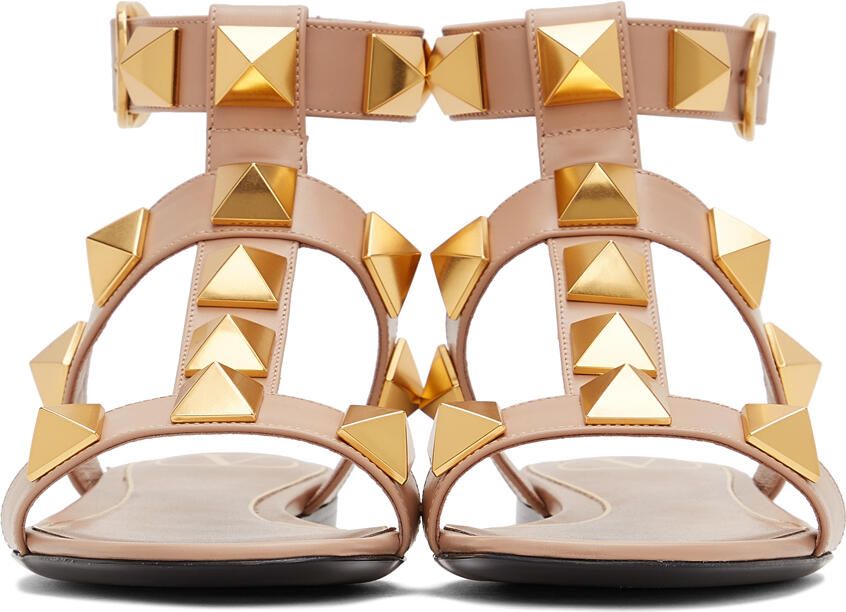 Valentino Garavani Taupe Leather Roman Stud Flat Sandals - Picture 3