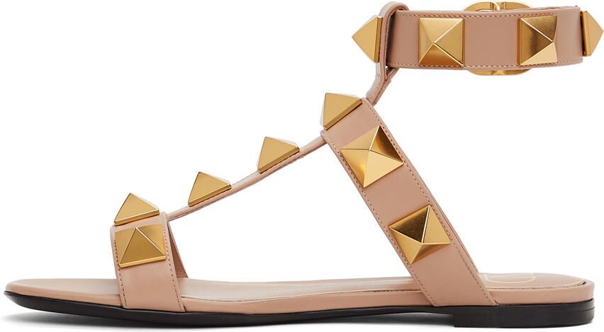 Valentino Garavani Taupe Leather Roman Stud Flat Sandals - Picture 4