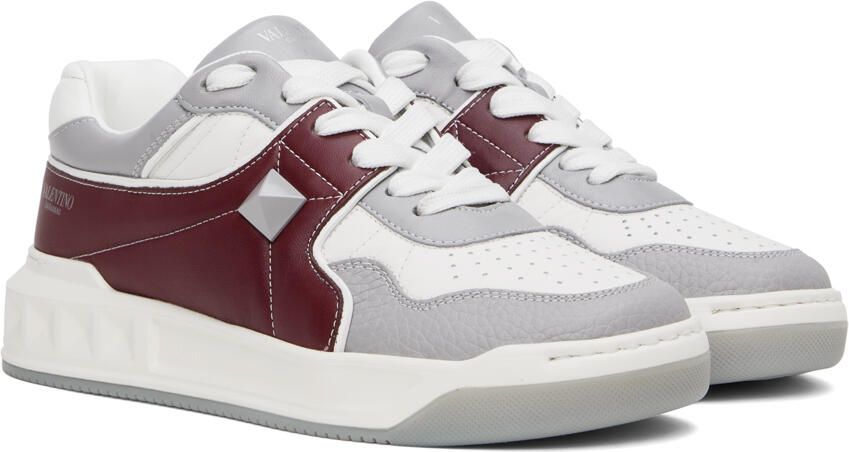 Valentino Garavani White & Burgundy One Stud Sneakers - Picture 2