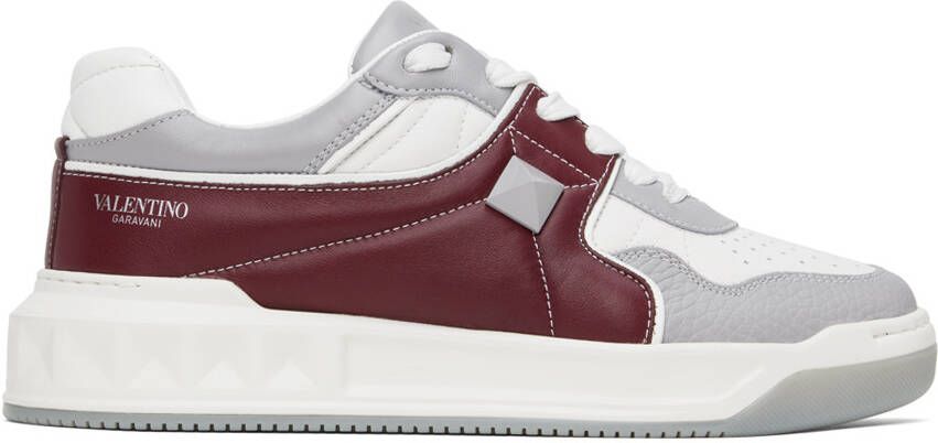 Valentino Garavani White & Burgundy One Stud Sneakers - Picture 5