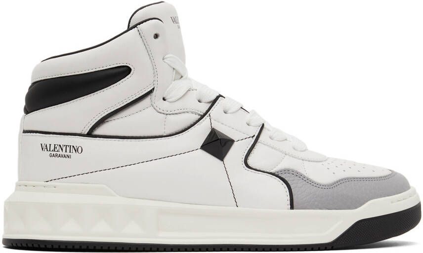 Valentino Garavani White & Grey Nappa One Stud Sneakers - Picture 5