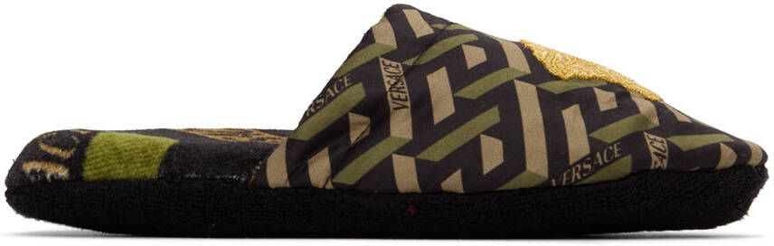 Versace Black & Khaki La Greca Slippers - Picture 5