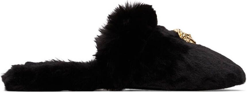 Versace Black Faux-Fur Palazzo Slippers