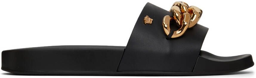 Versace Black Leather Medusa Chain Slides - Picture 5