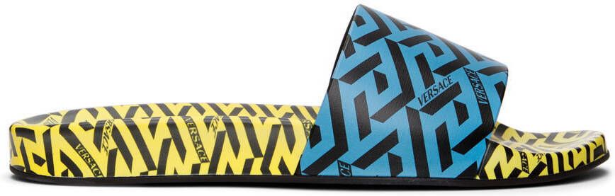 Versace Blue & Yellow 'La Greca' Print Slides - Picture 5