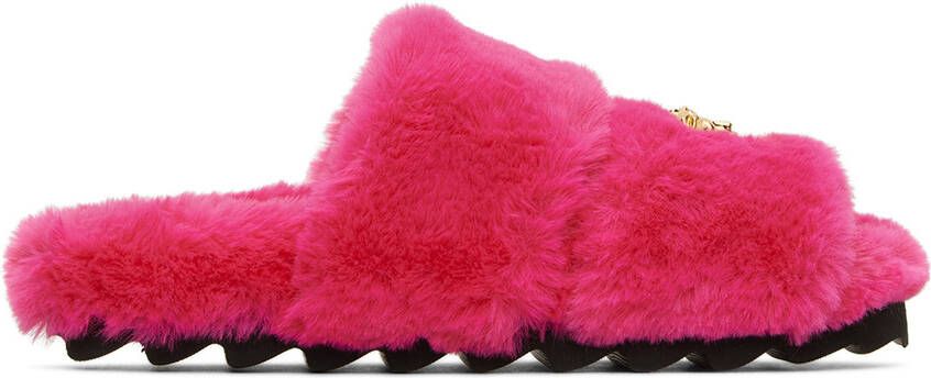 Versace Kids Pink Medusa Faux-Fur Slippers